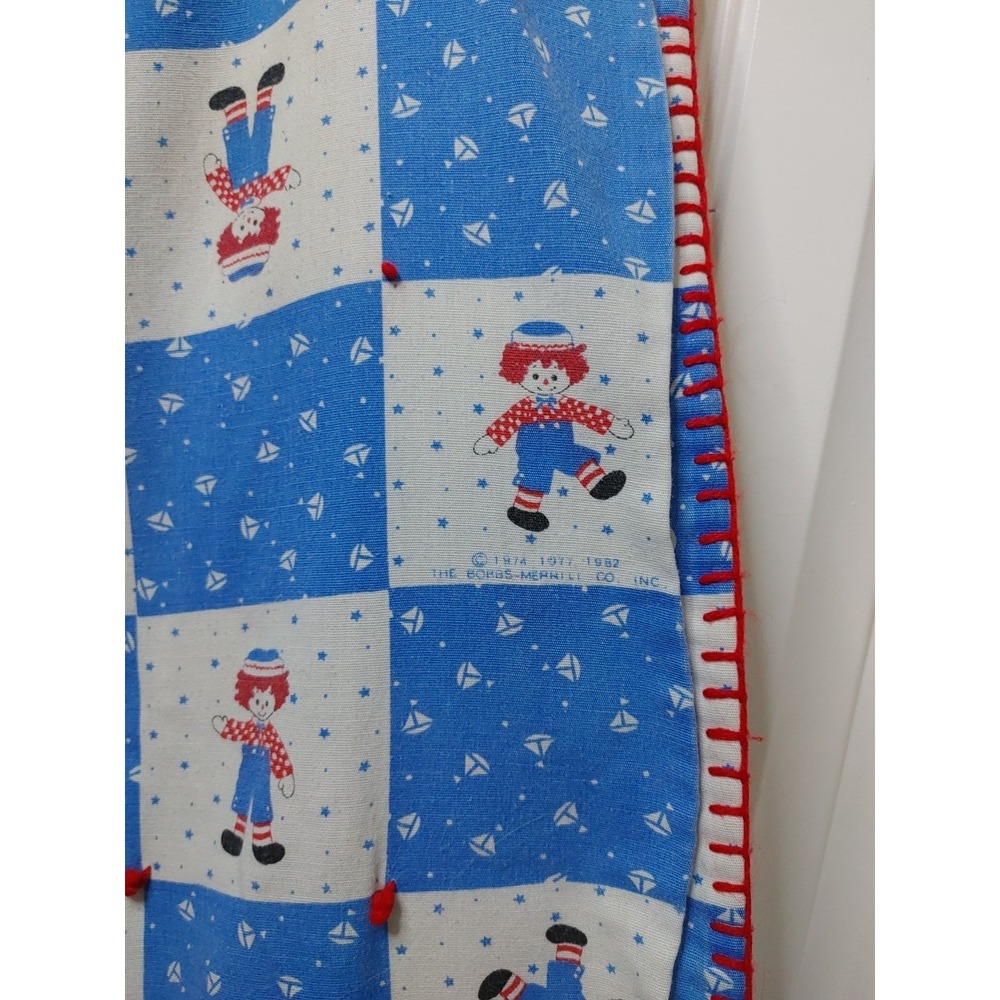 Vtg 80's Raggedy Andy Homemade Quilt Blanket Red Stitch Nautical Sailboat 50x44
